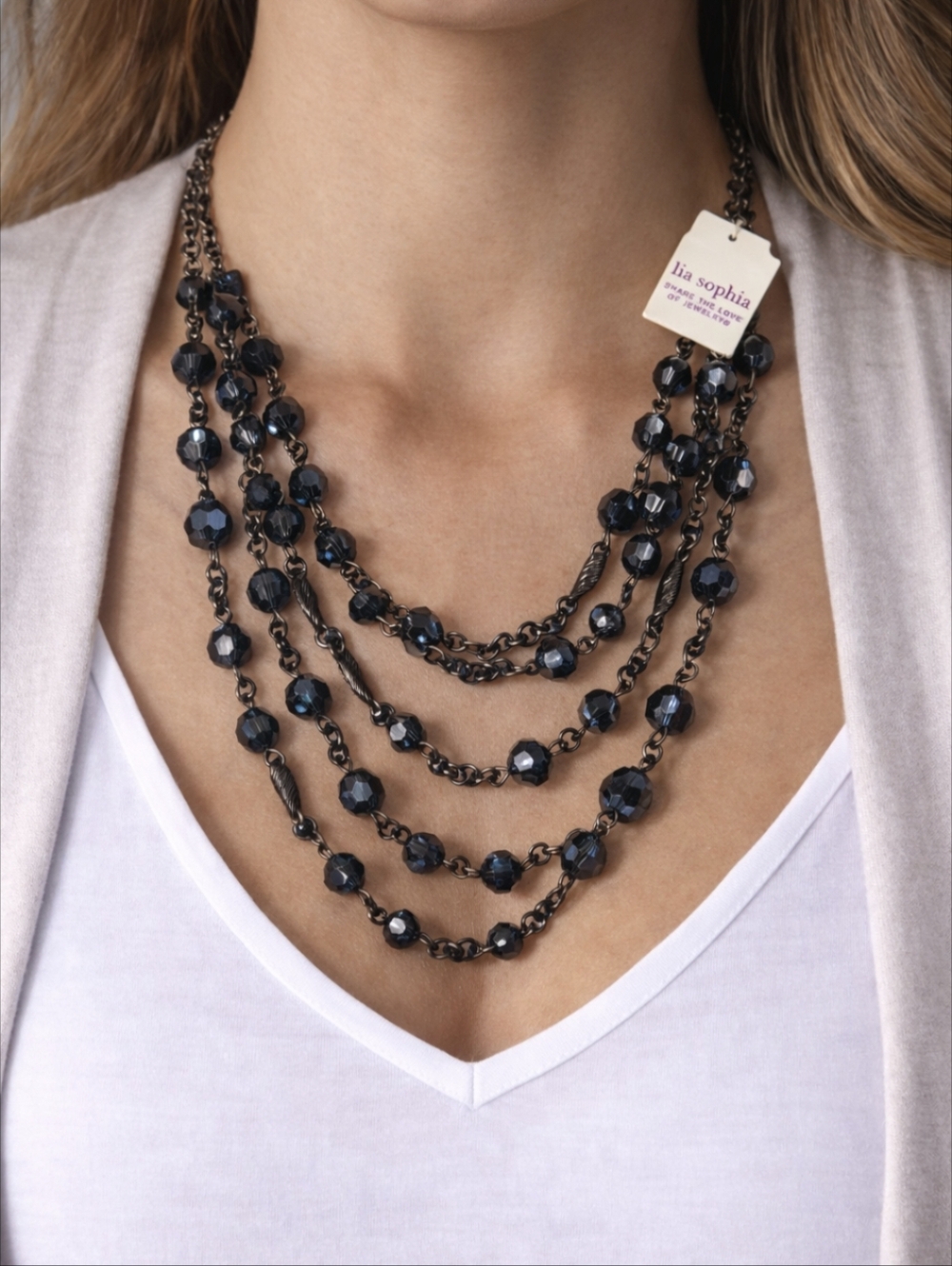 Lia Sophia Black Faceted Bead Multi Strand Necklace Gunmetal Chain 30”